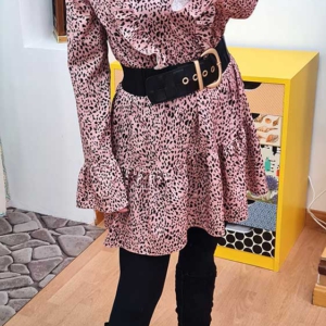vestido corto volantes leopardo rosa boho