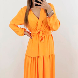 vestido cruzado naranja largo volantes