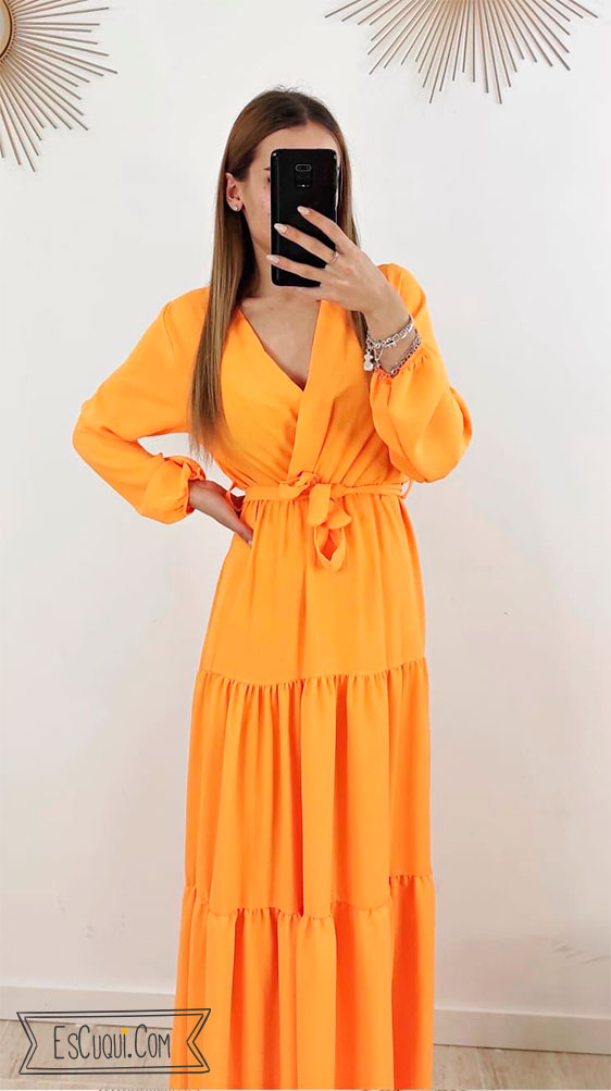 vestido cruzado naranja largo volantes