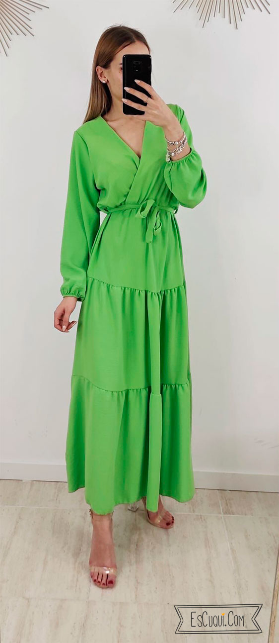 vestido cruzado verde largo volantes